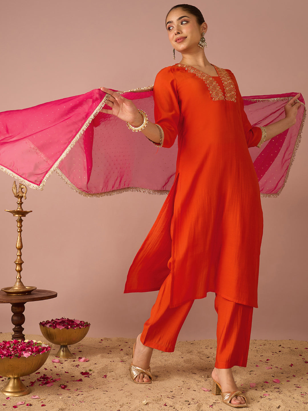 Janasya Women's Orange Chanderi Silk Sequins And Zari Yoke Embroidered Straight Kurta Set with Foil Printed Dupatta