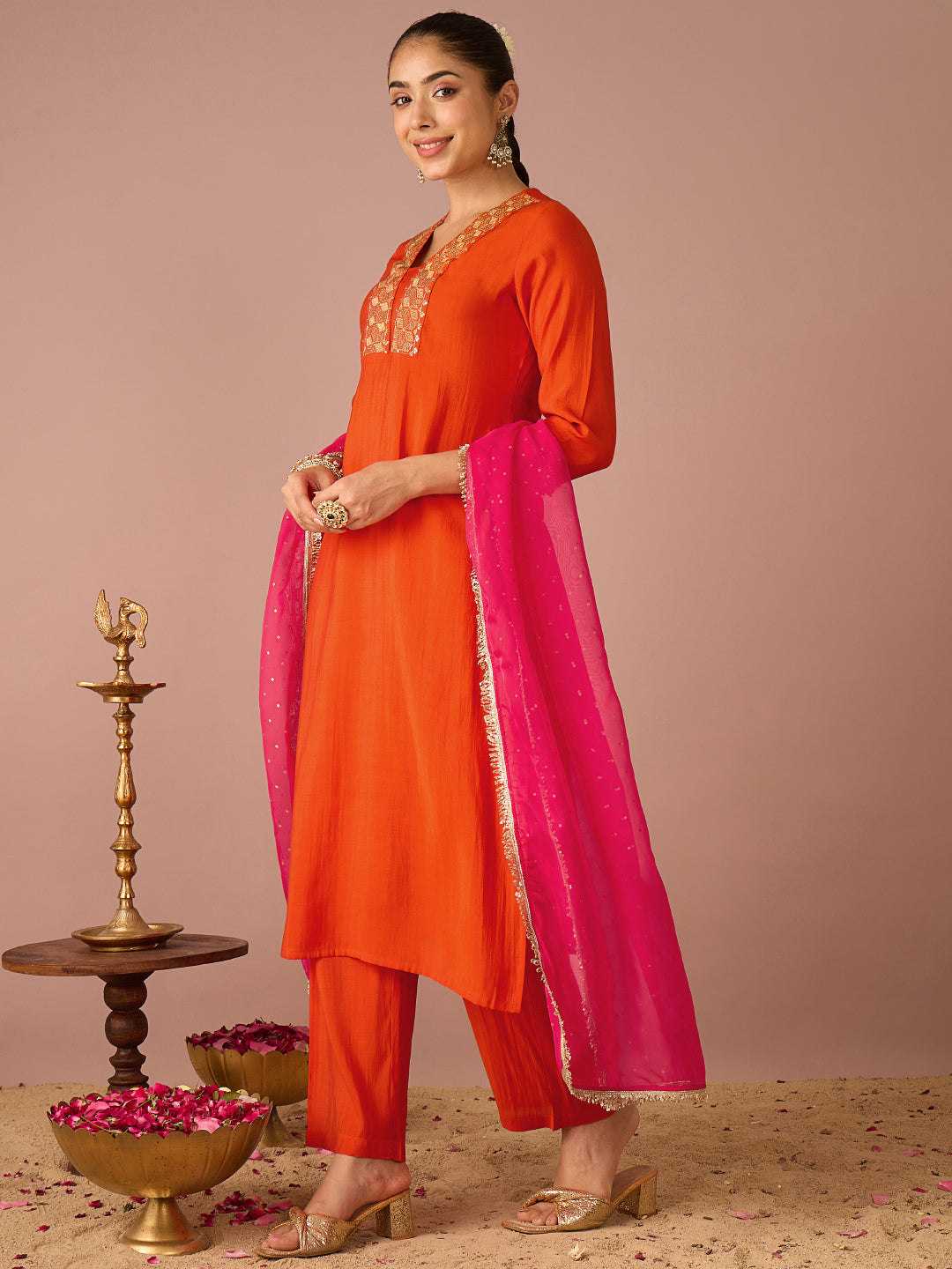 Janasya Women's Orange Chanderi Silk Sequins And Zari Yoke Embroidered Straight Kurta Set with Foil Printed Dupatta