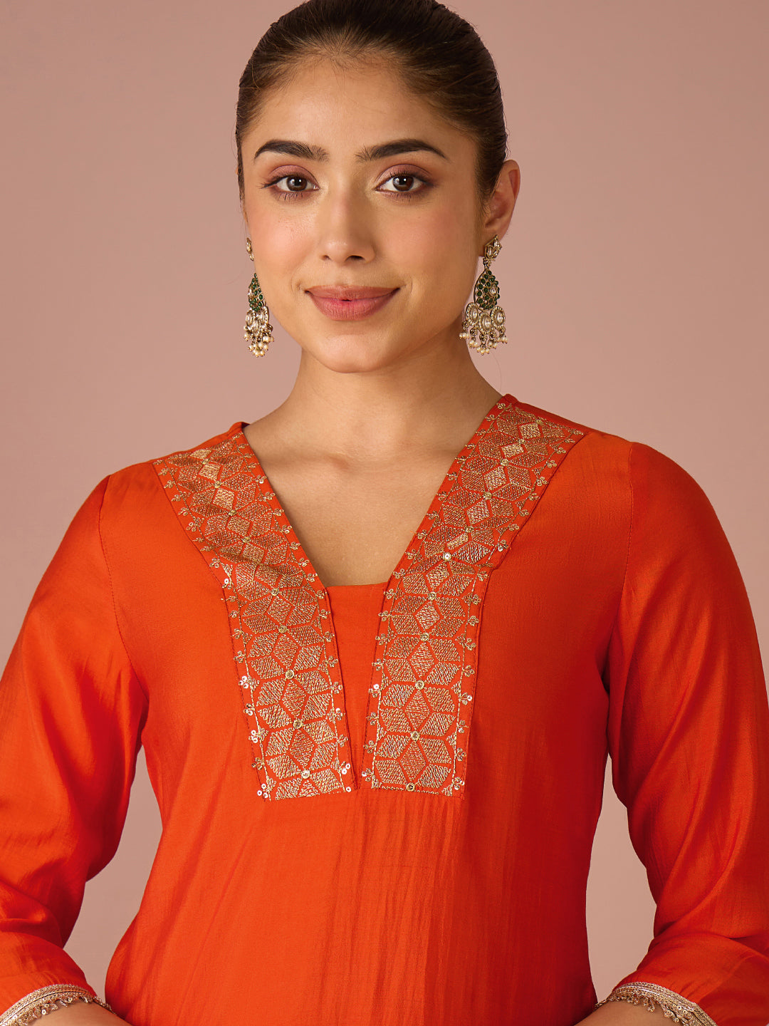 Janasya Women's Orange Chanderi Silk Sequins And Zari Yoke Embroidered Straight Kurta Set with Foil Printed Dupatta