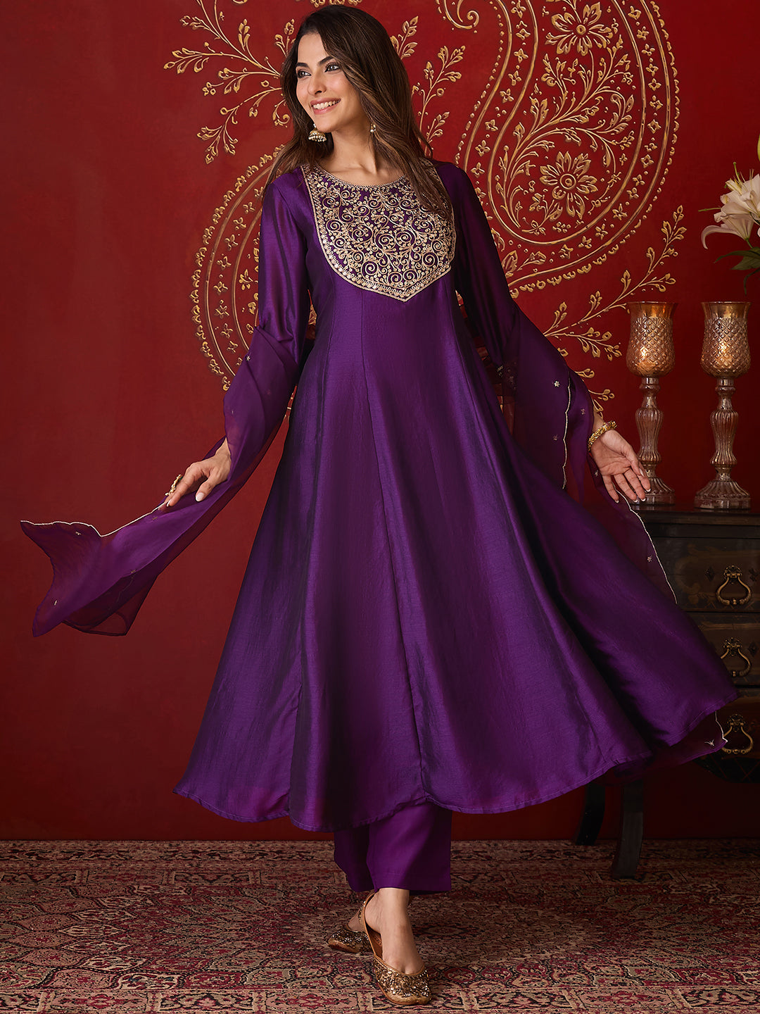Janasya Women’s Purple Silk Blend Zari Embroidered Anarkali Kurta Set