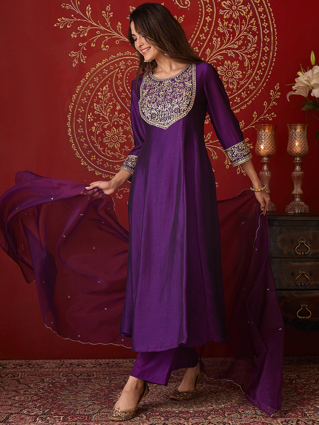 Janasya Women’s Purple Silk Blend Zari Embroidered Anarkali Kurta Set