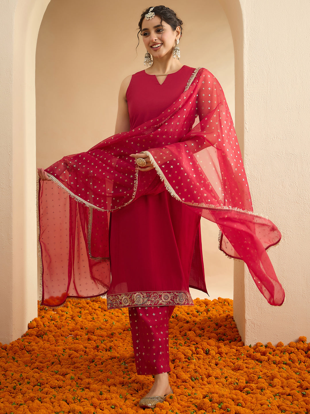 Janasya Women's Maroon Chanderi Silk Floral Zari Embroidered Foil Printed Straight Kurta Set