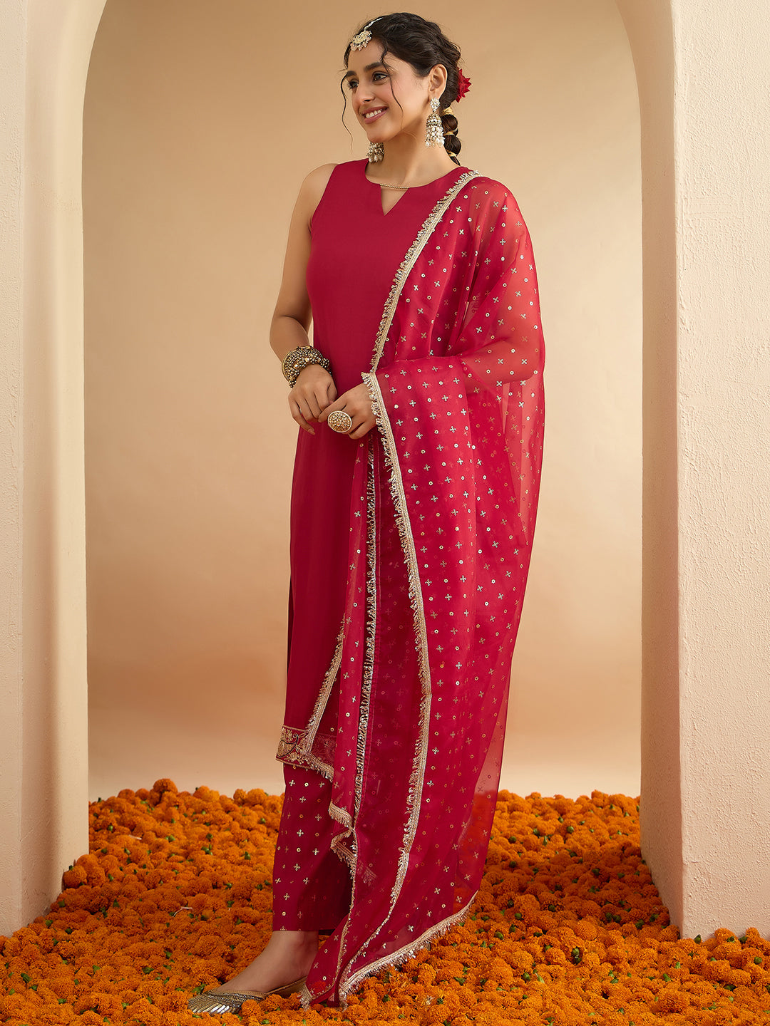 Janasya Women's Maroon Chanderi Silk Floral Zari Embroidered Foil Printed Straight Kurta Set
