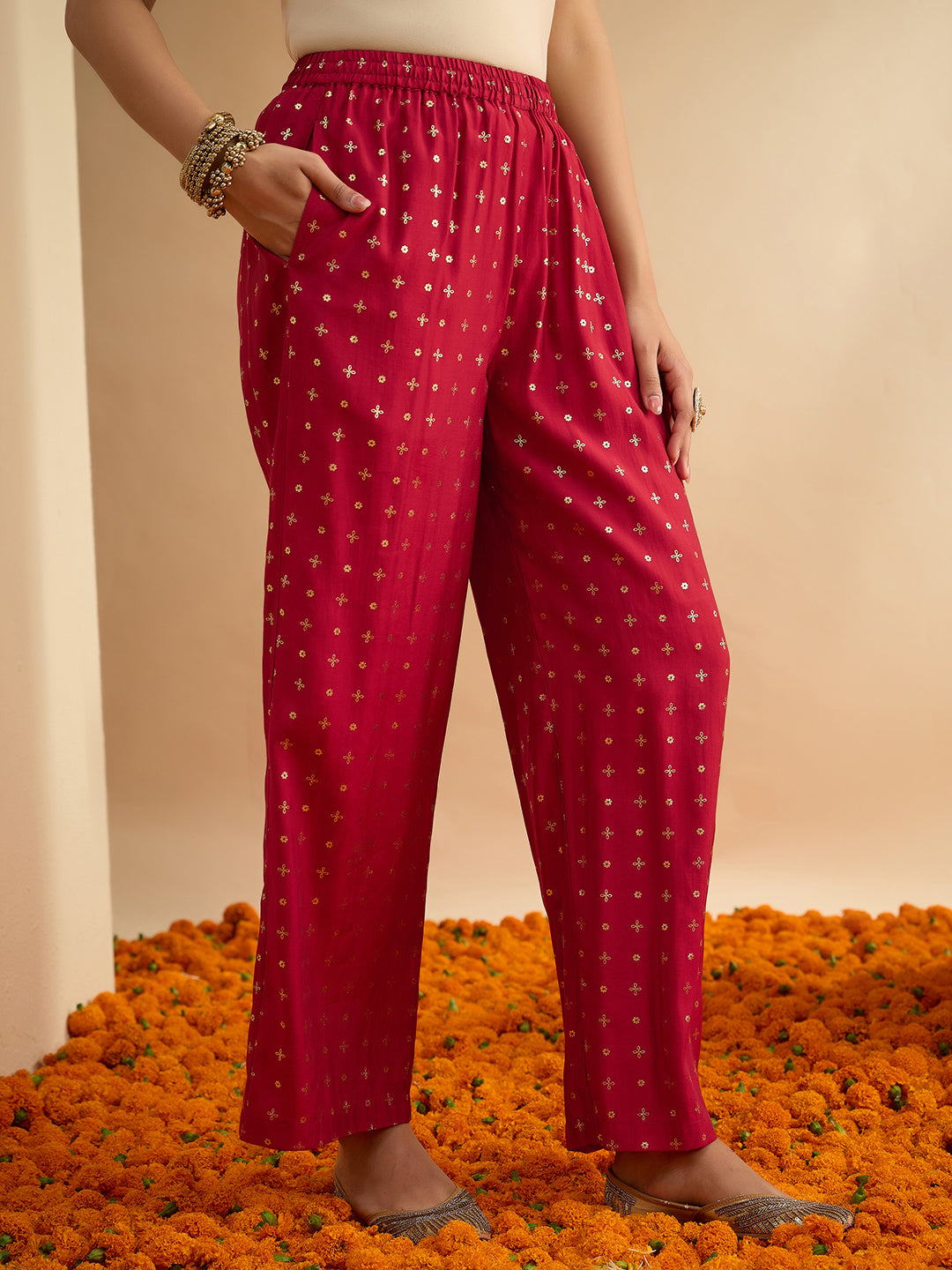 Janasya Women's Maroon Chanderi Silk Floral Zari Embroidered Foil Printed Straight Kurta Set