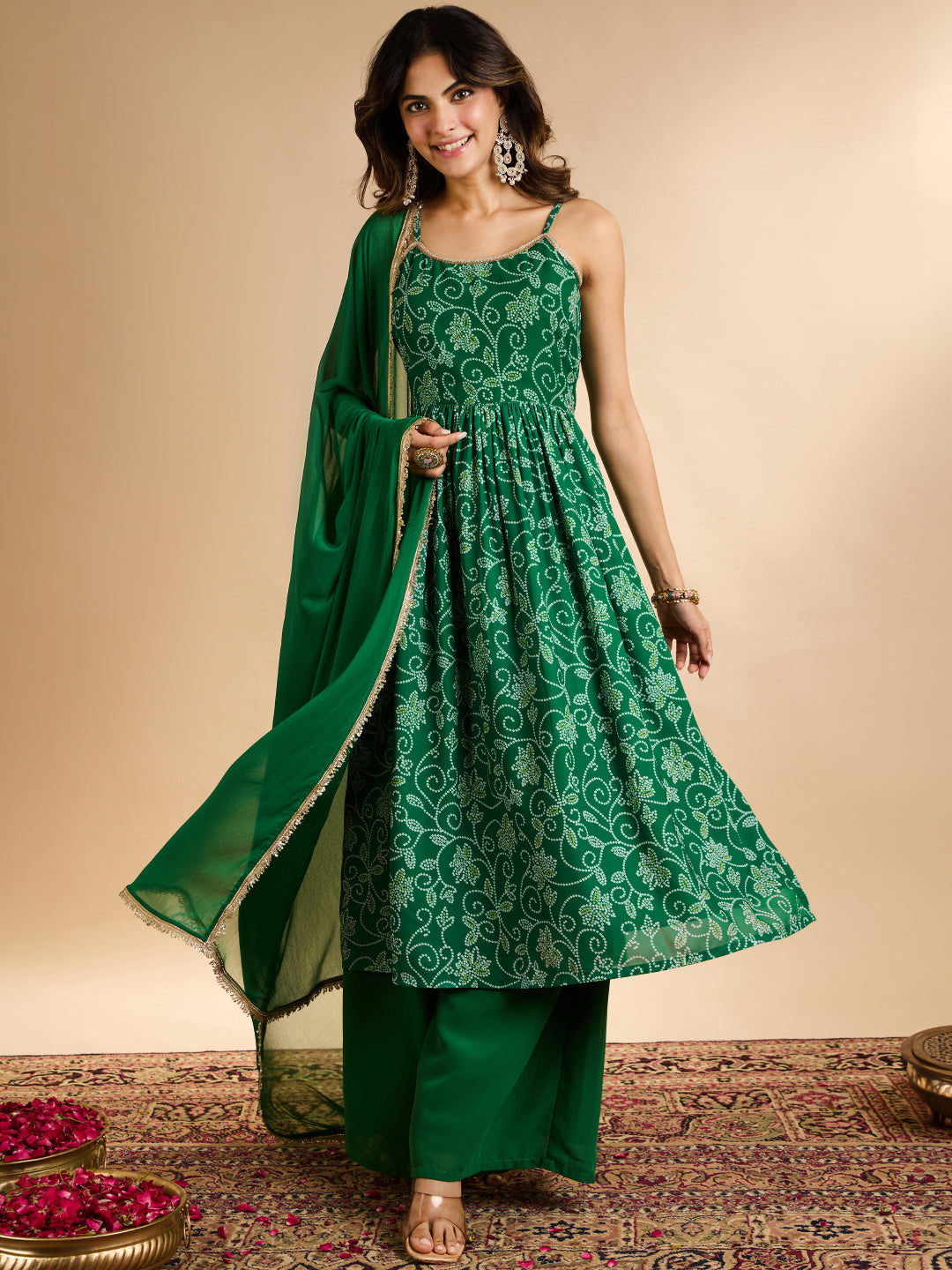Janasya Women's Green Georgette Bandhani Printed A-Line Kurta with Palazzo And Dupatta Set