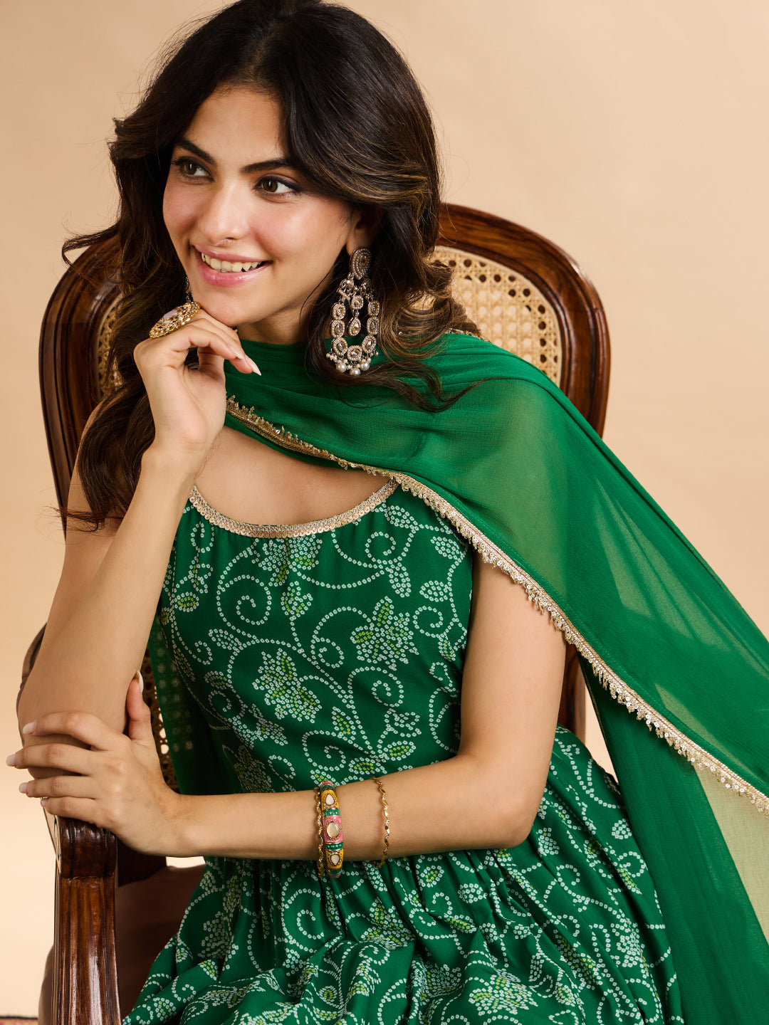 Janasya Women's Green Georgette Bandhani Printed A-Line Kurta with Palazzo And Dupatta Set