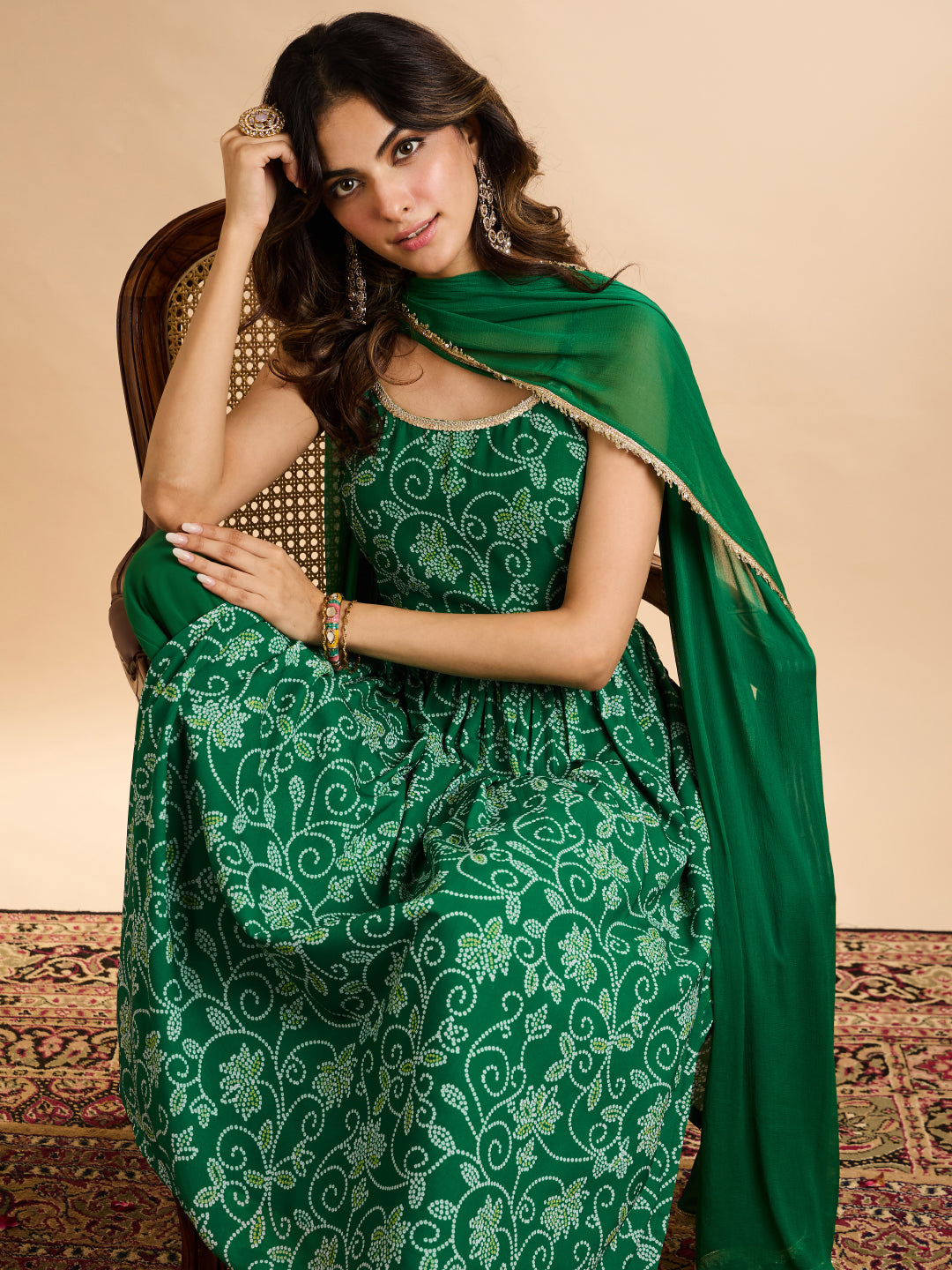 Janasya Women's Green Georgette Bandhani Printed A-Line Kurta with Palazzo And Dupatta Set