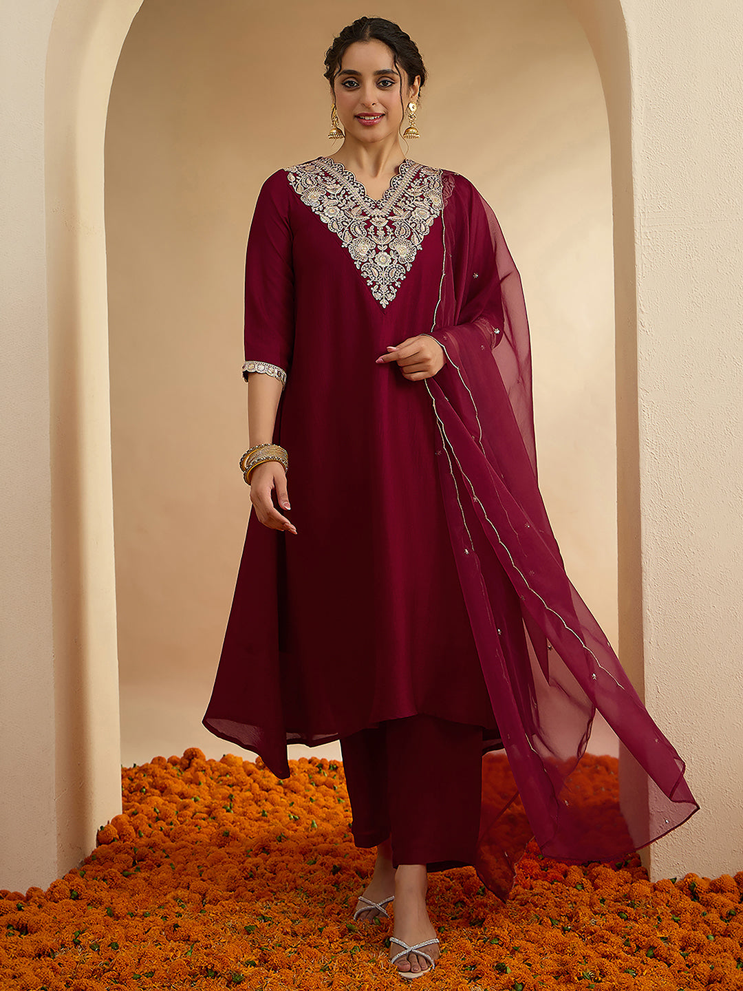 Janasya Women's Maroon Silk Blend Floral Zari Embroidered A-Line Kurta Set
