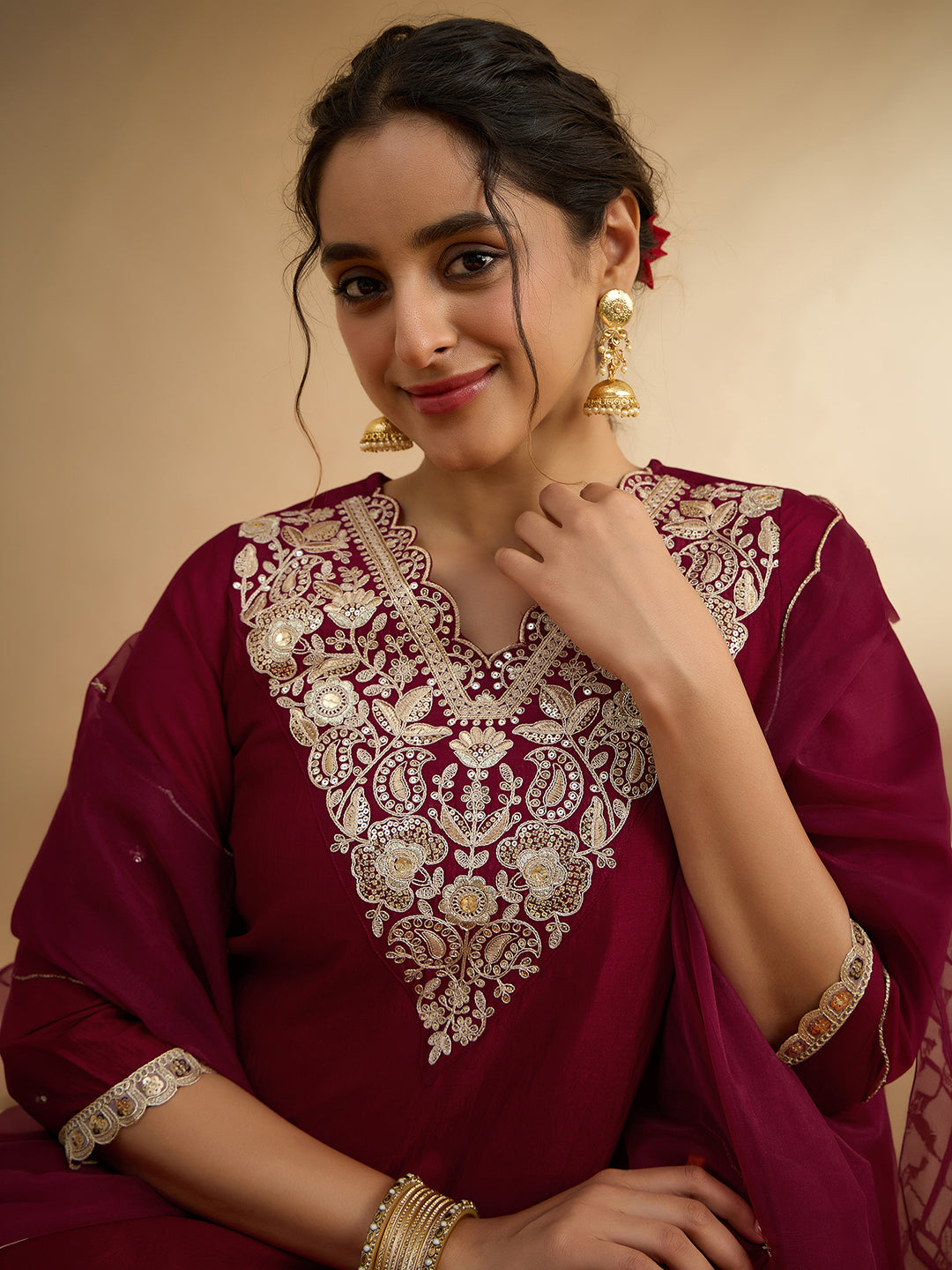 Janasya Women's Maroon Silk Blend Floral Zari Embroidered A-Line Kurta Set