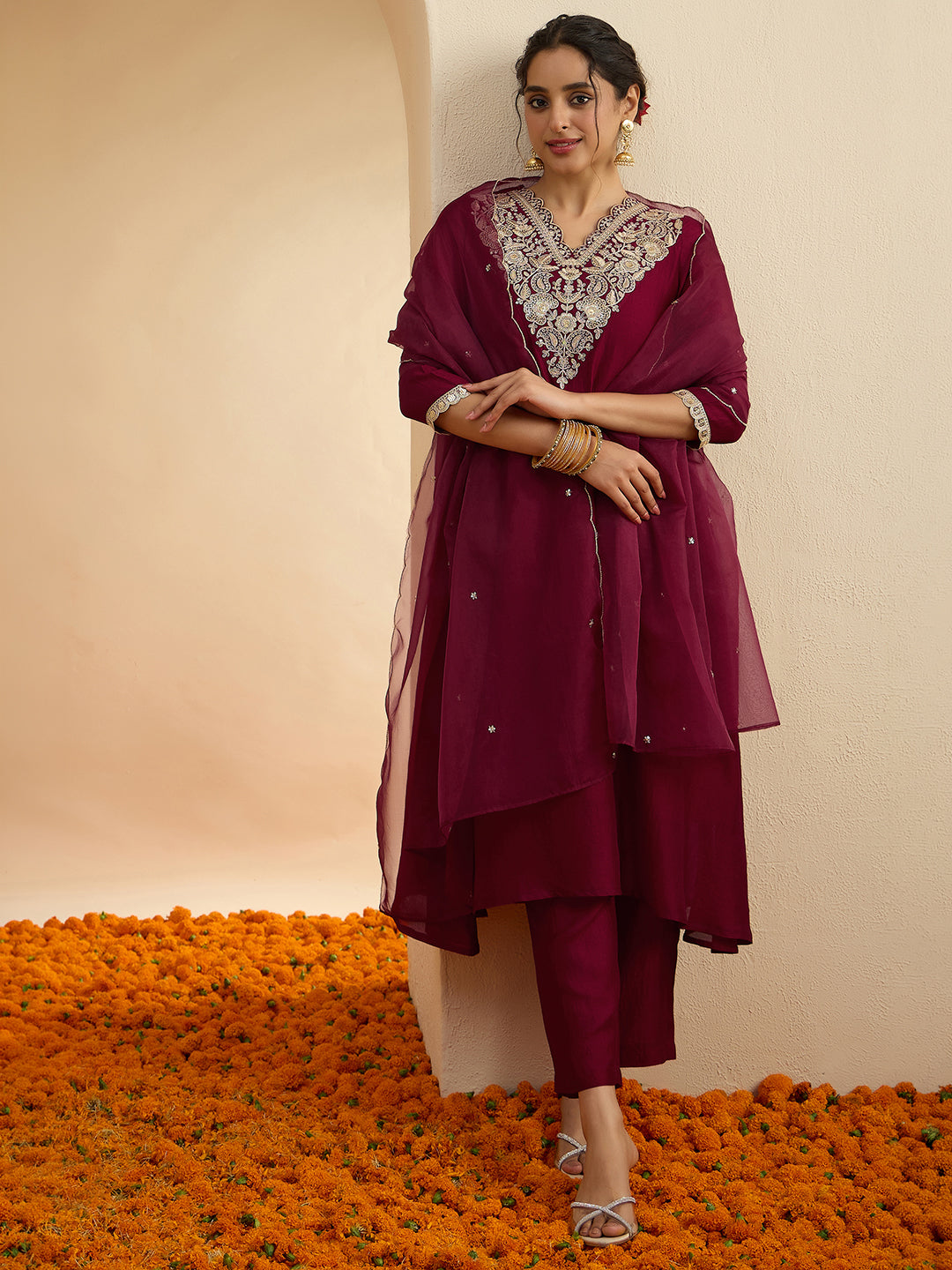 Janasya Women's Maroon Silk Blend Floral Zari Embroidered A-Line Kurta Set