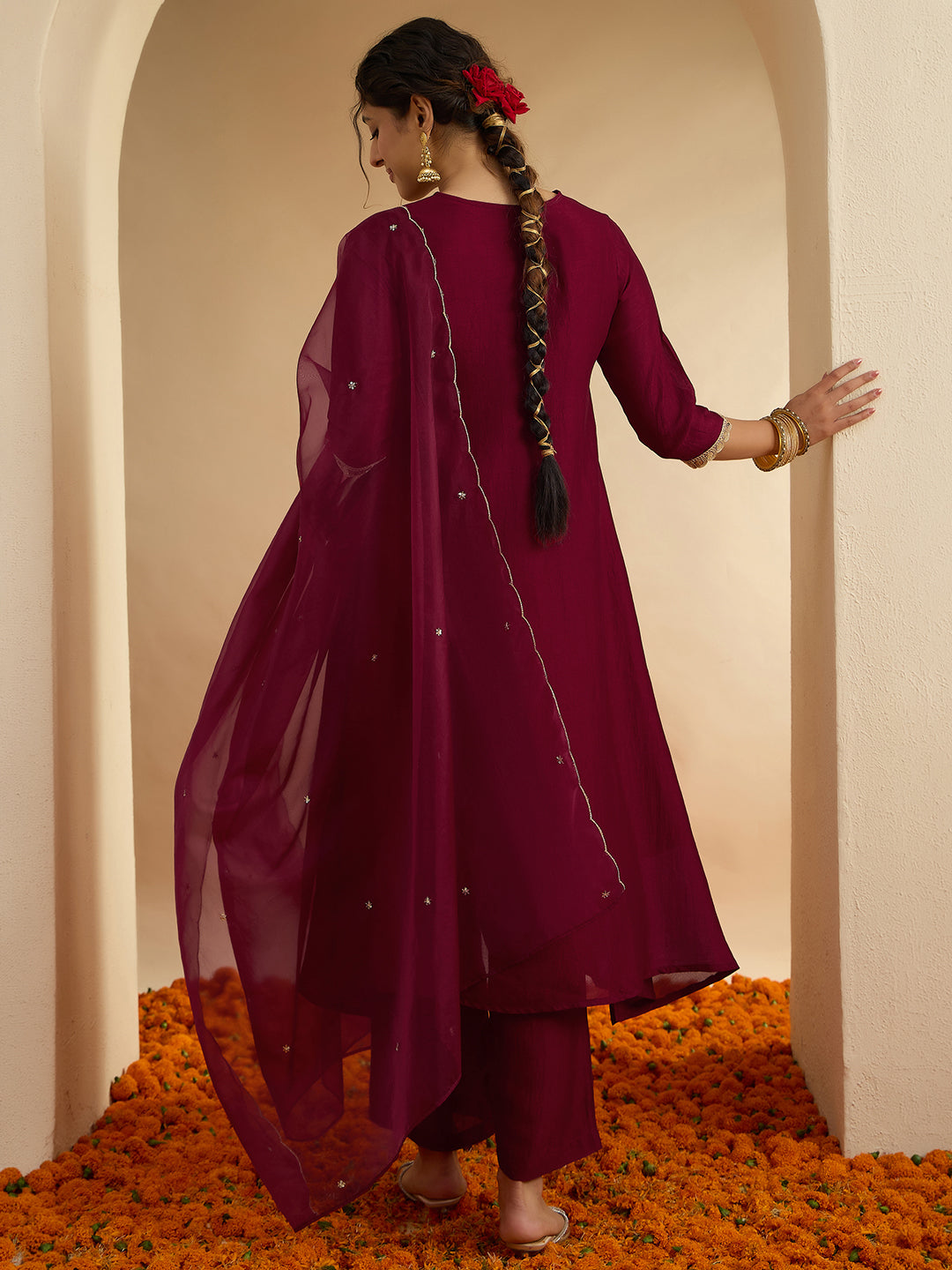 Janasya Women's Maroon Silk Blend Floral Zari Embroidered A-Line Kurta Set
