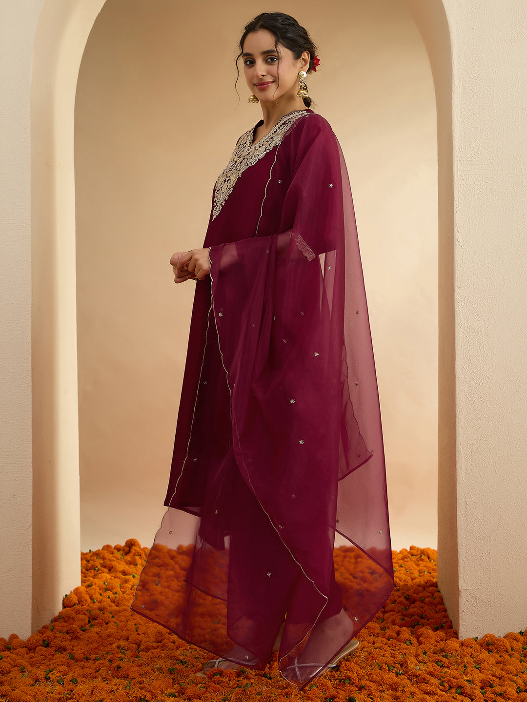 Janasya Women's Maroon Silk Blend Floral Zari Embroidered A-Line Kurta Set