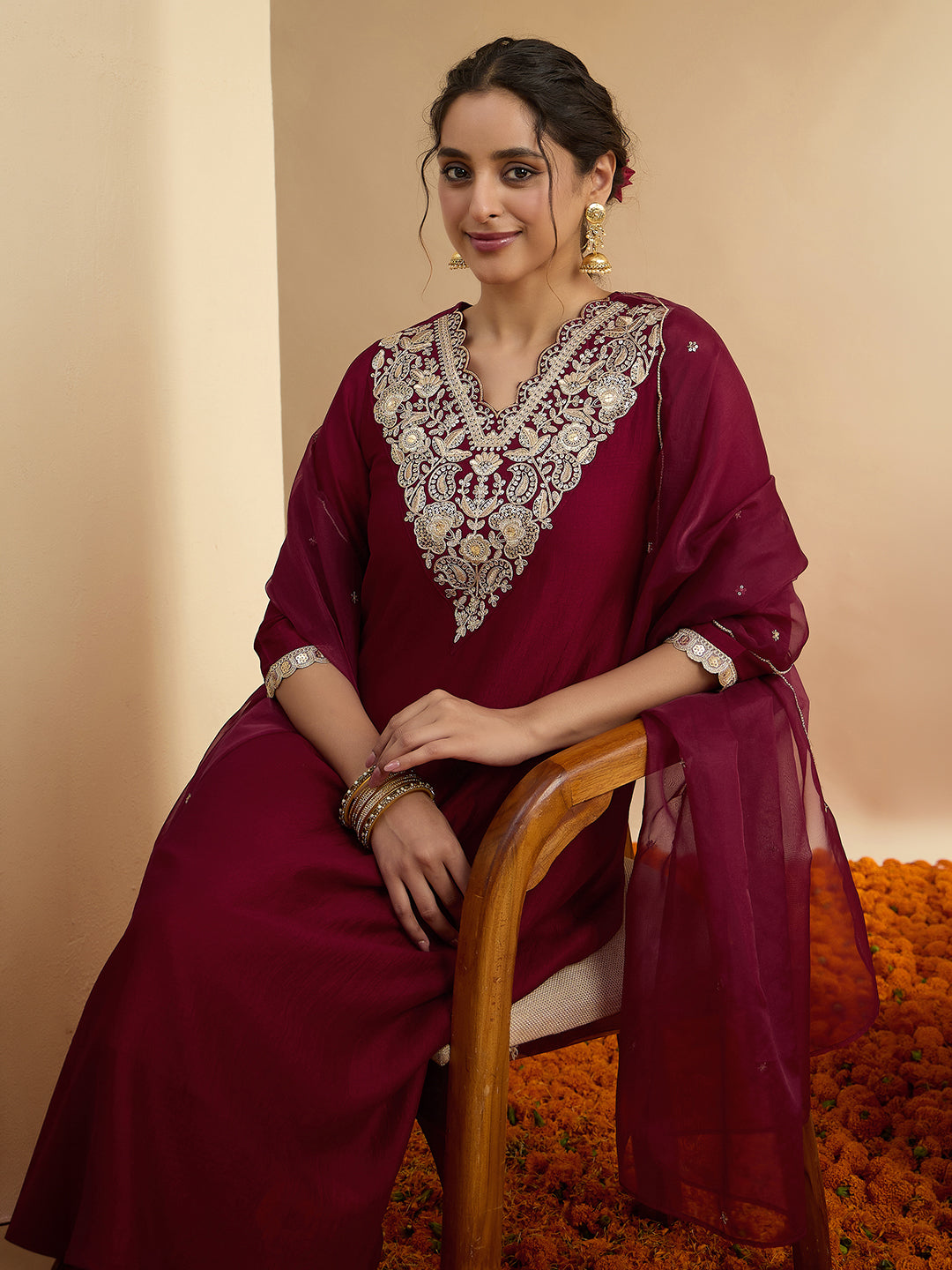 Janasya Women's Maroon Silk Blend Floral Zari Embroidered A-Line Kurta Set