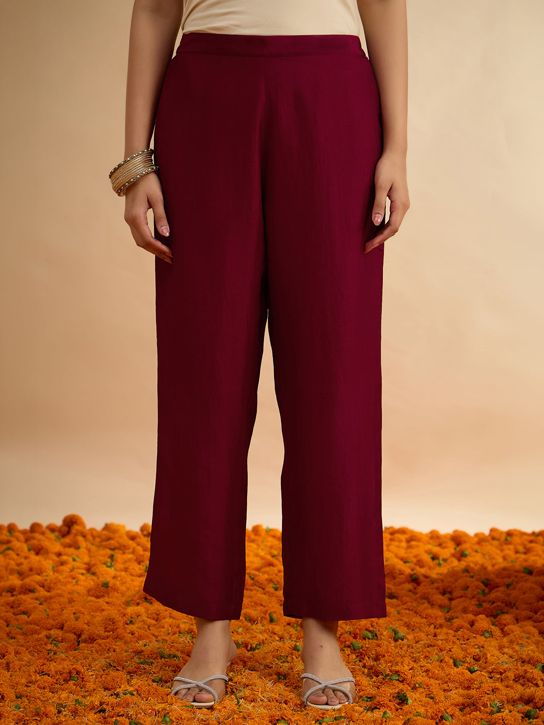 Janasya Women's Maroon Silk Blend Floral Zari Embroidered A-Line Kurta Set