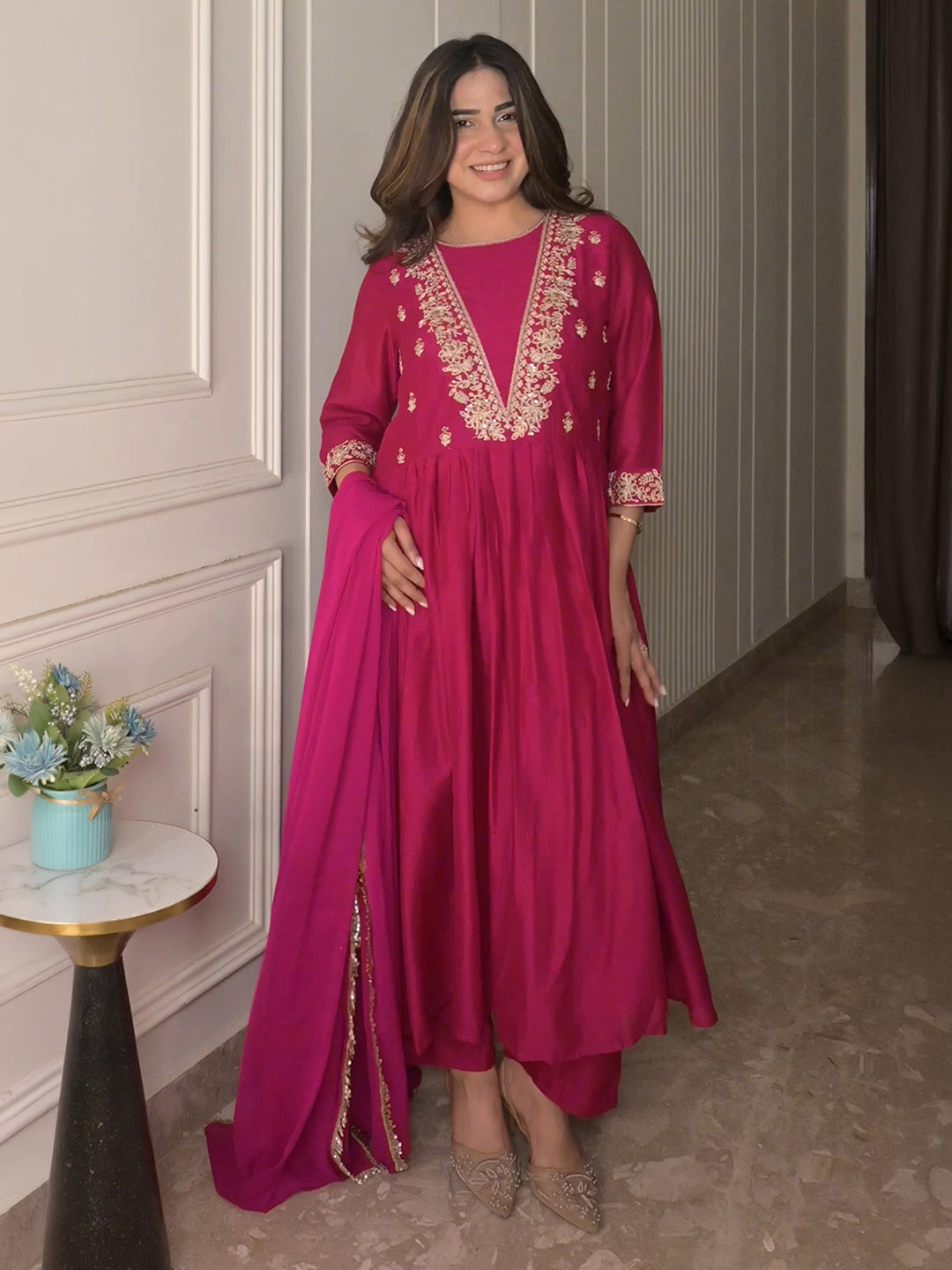 Janasya Women's Magenta Silk Blend Floral Embroidered A-Line Kurta Set