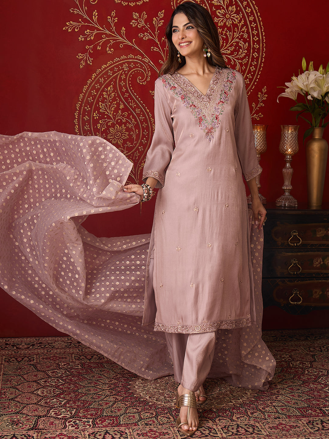 Janasya Women's Champagne Silk Blend Floral Embroidered Straight Kurta Set with Jacquard Dupatta