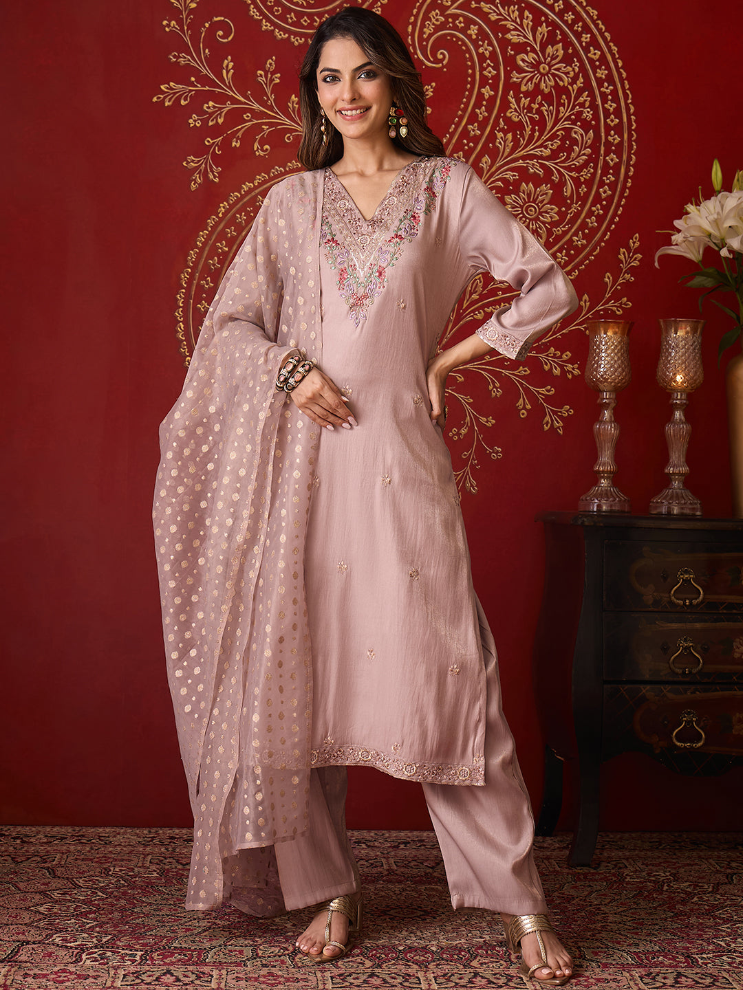 Janasya Women's Champagne Silk Blend Floral Embroidered Straight Kurta Set with Jacquard Dupatta