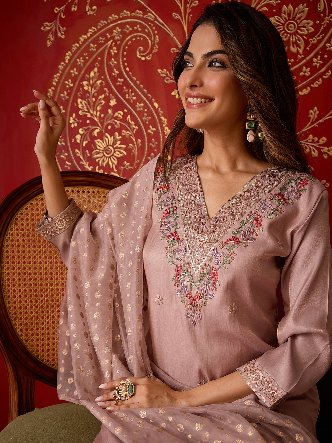 Janasya Women's Champagne Silk Blend Floral Embroidered Straight Kurta Set with Jacquard Dupatta