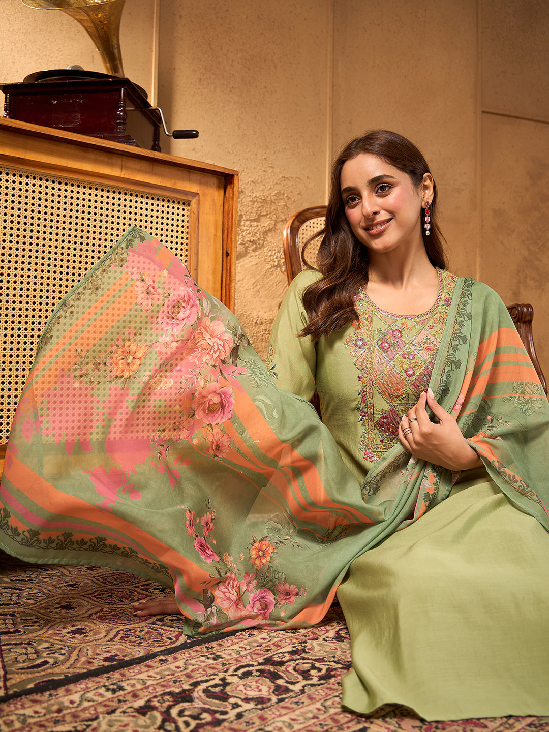 Janasya Women's Sage Green Chanderi Silk Floral Yoke Embroidered Straight Kurta Set with Printed Dupatta