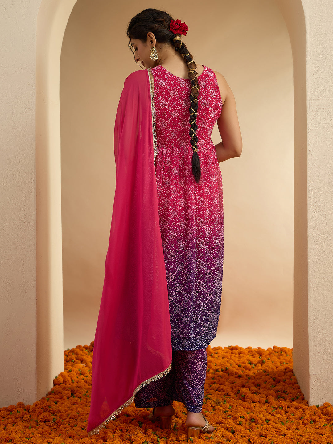 Janasya Women’s Pink & Purple Georgette Bandhani Printed Embroidered Front-Open A-Line Kurta Set