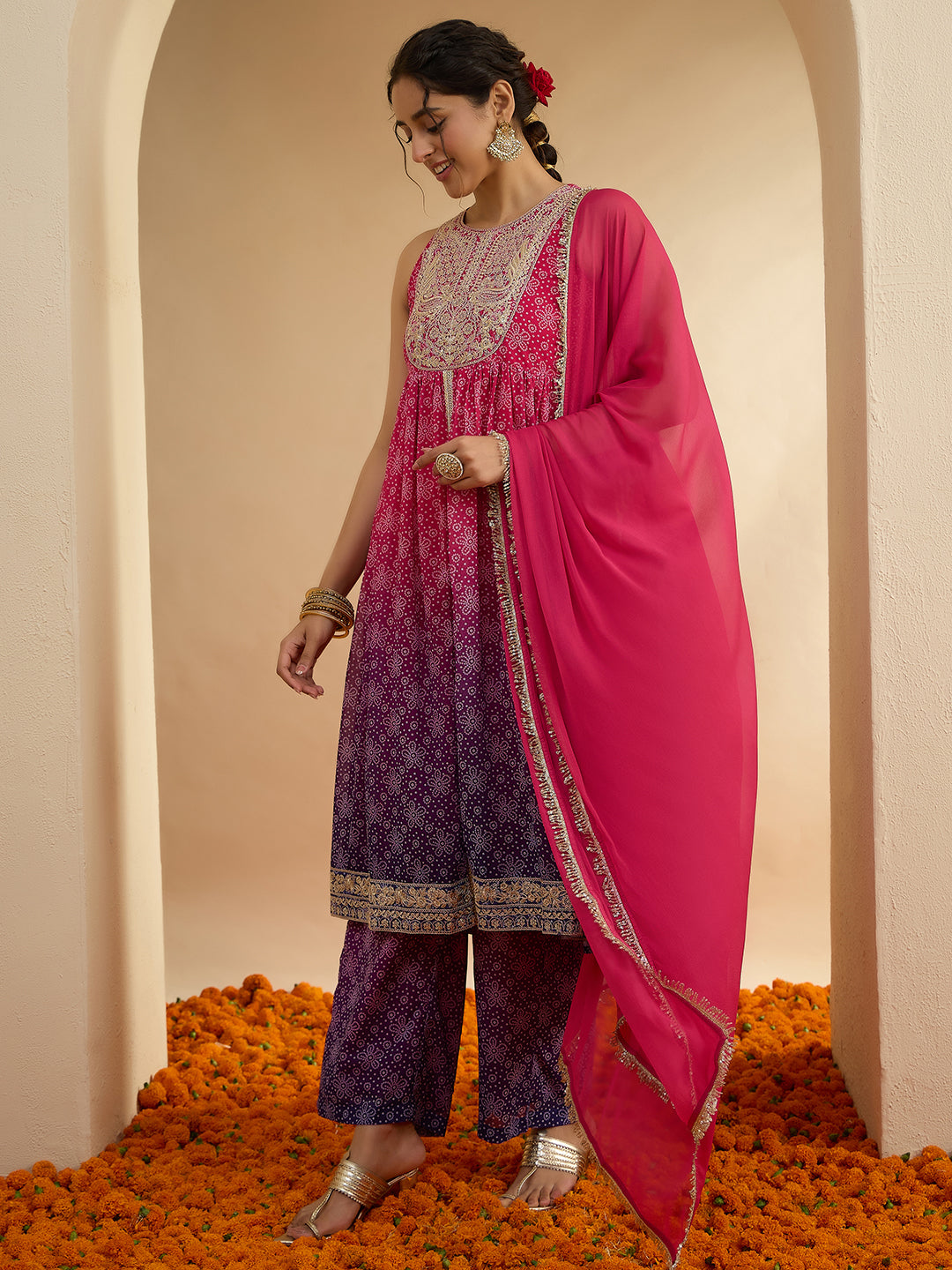 Janasya Women’s Pink & Purple Georgette Bandhani Printed Embroidered Front-Open A-Line Kurta Set