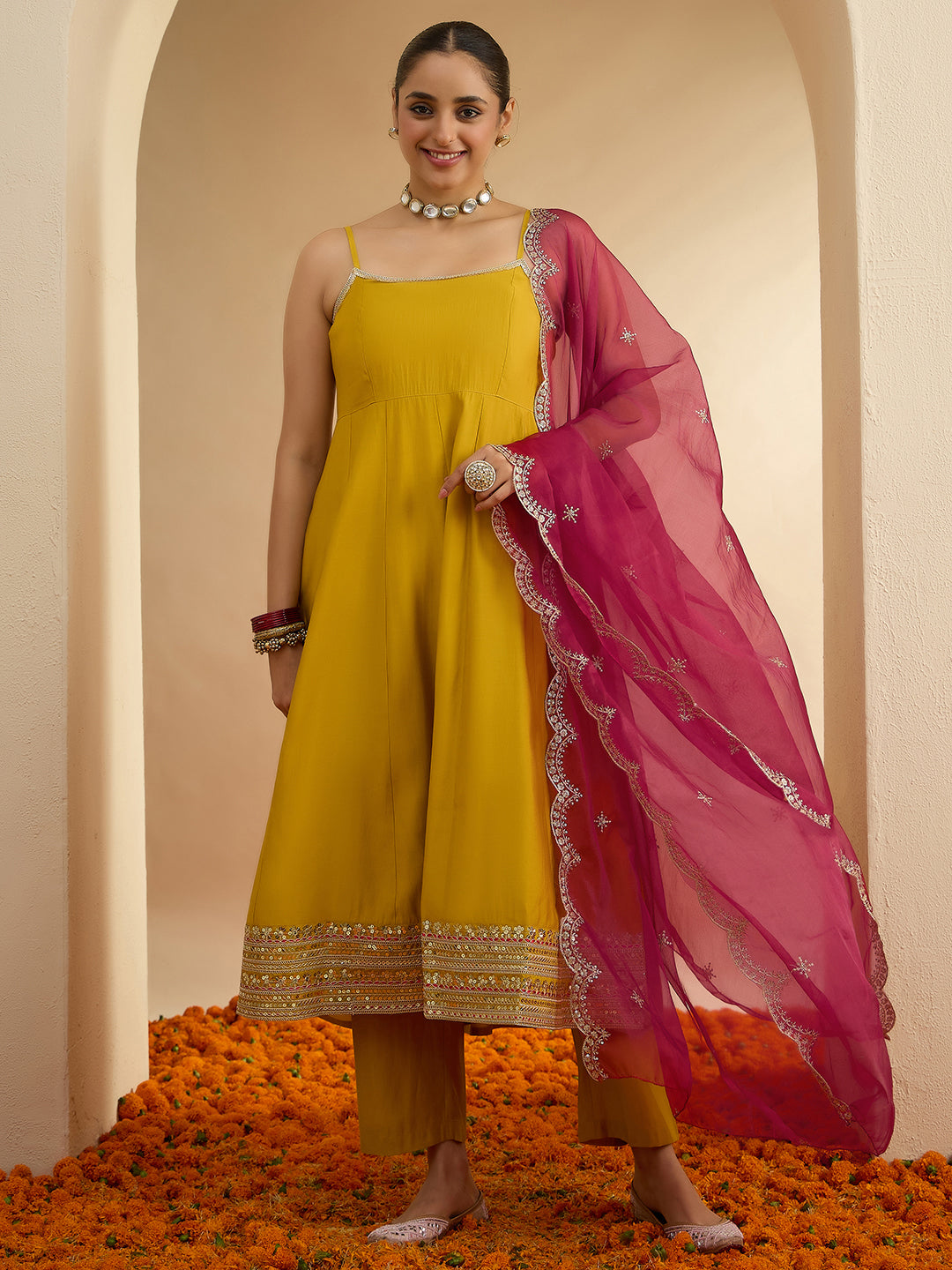 Janasya Women's Mustard Chanderi Silk Embellished Anarkali Kurta Set