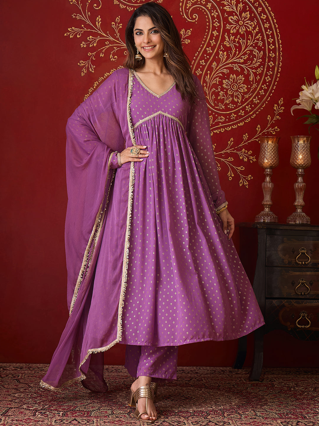 Janasya Women's Lavender Georgette Embellished Foil Printed A-Line Kurta Set