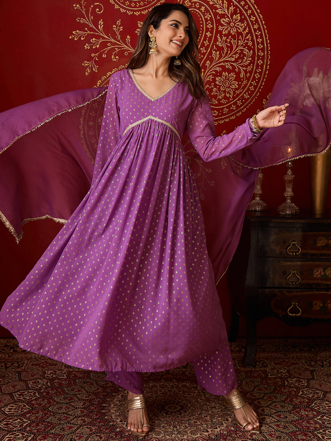 Janasya Women's Lavender Georgette Embellished Foil Printed A-Line Kurta Set