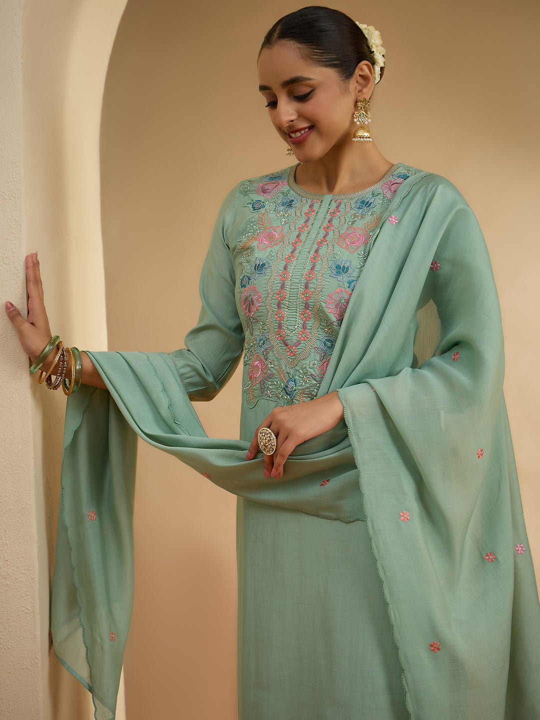Janasya Women's Mint Green Chanderi Silk Yoke Embroidered Straight Kurta Set