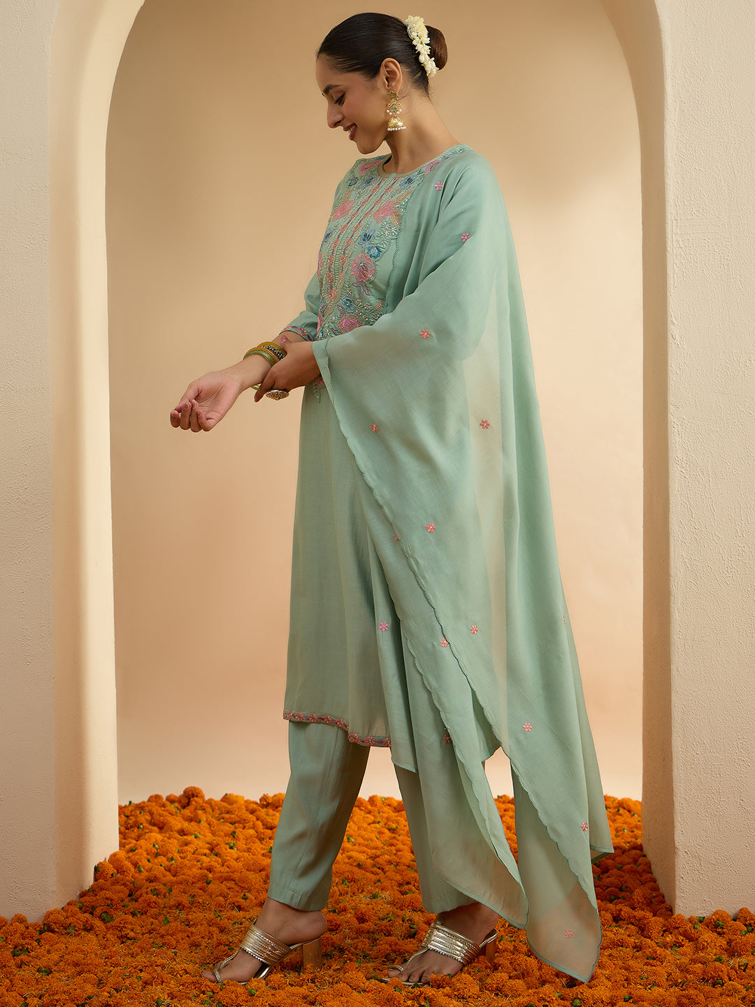 Janasya Women's Mint Green Chanderi Silk Yoke Embroidered Straight Kurta Set