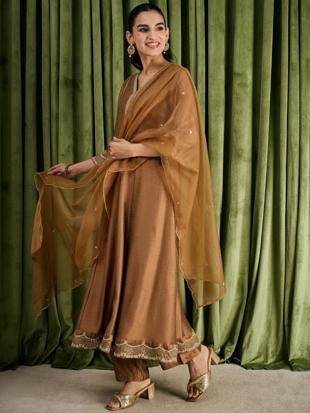 Janasya Women's Bronze Silk Blend Embroidered Anarkali Kurta Set