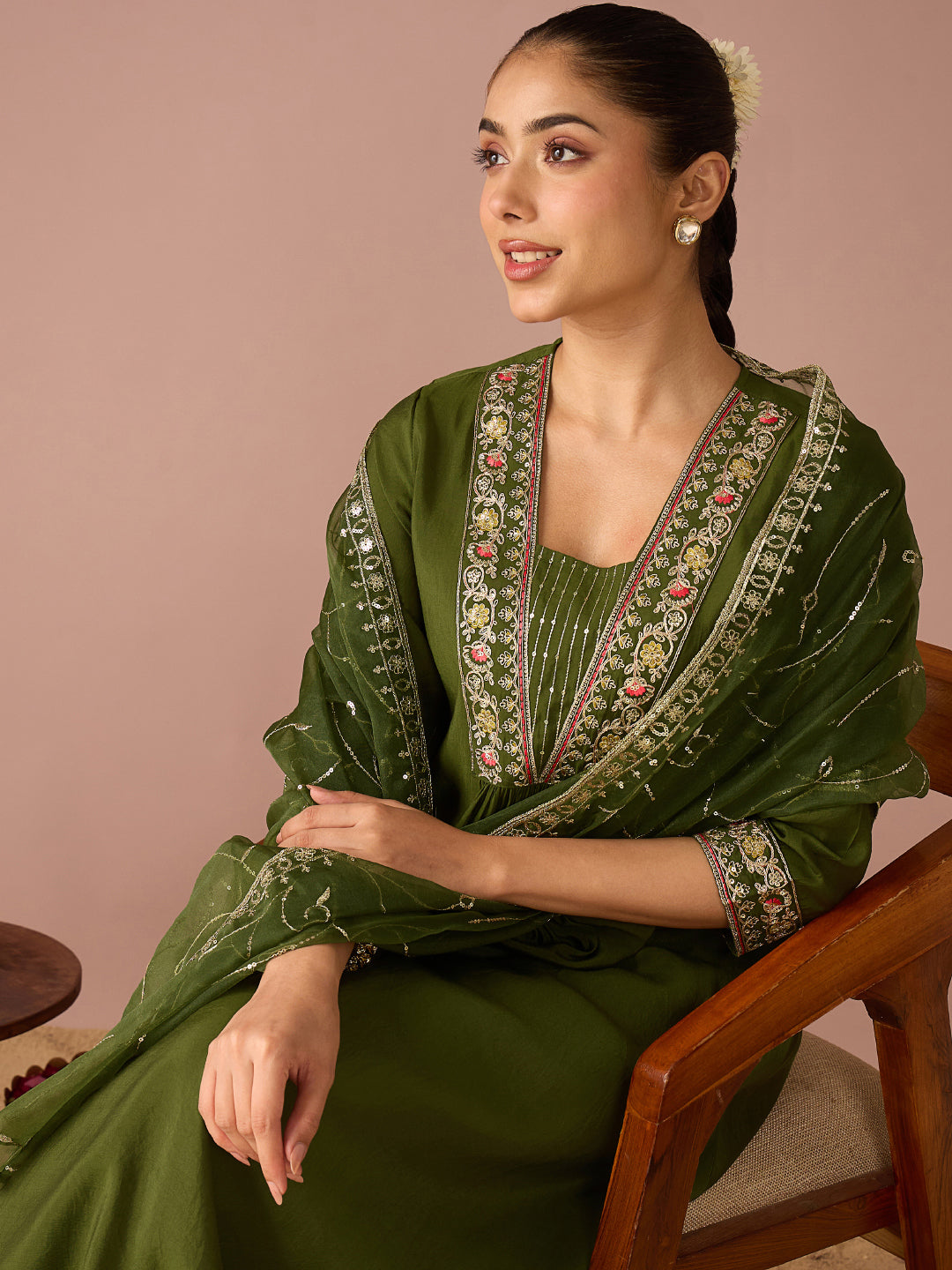 Janasya Women's Olive Green Chanderi Silk Floral Yoke Embroidered A-Line Kurta Set