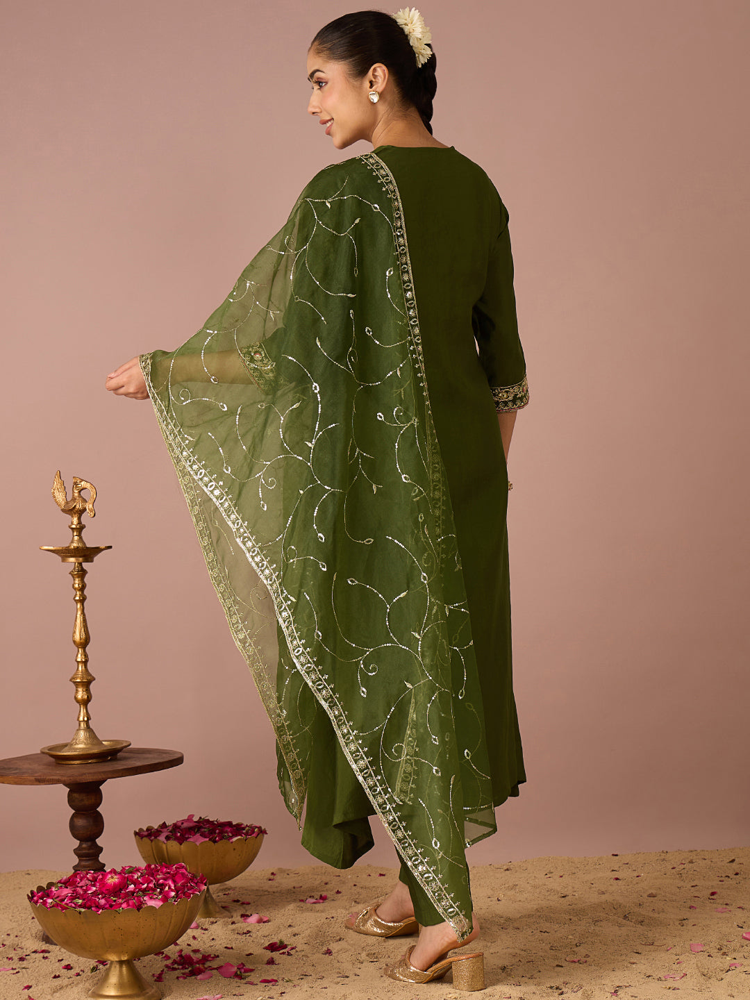 Janasya Women's Olive Green Chanderi Silk Floral Yoke Embroidered A-Line Kurta Set