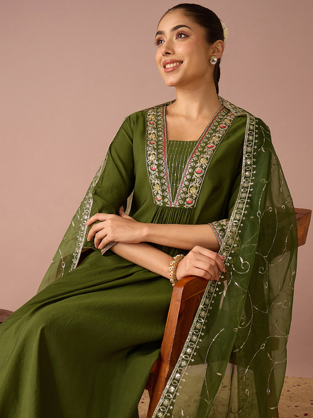 Janasya Women's Olive Green Chanderi Silk Floral Yoke Embroidered A-Line Kurta Set