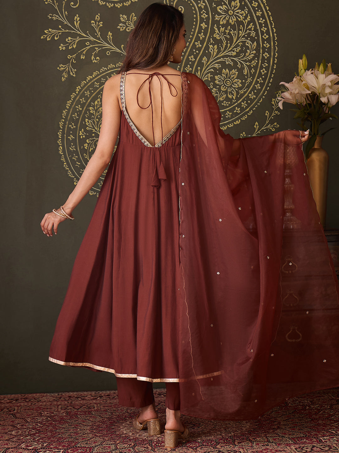 Janasya Women's Brown Chanderi Silk Floral Embroidered Anarkali Set