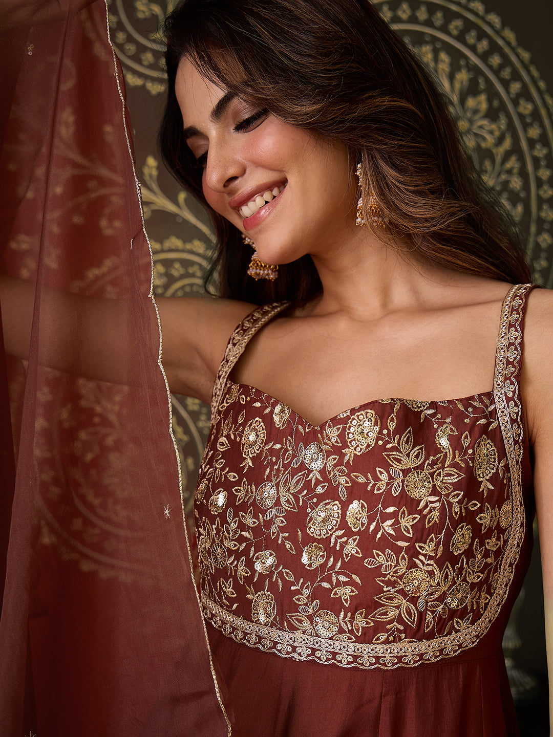 Janasya Women's Brown Chanderi Silk Floral Embroidered Anarkali Set