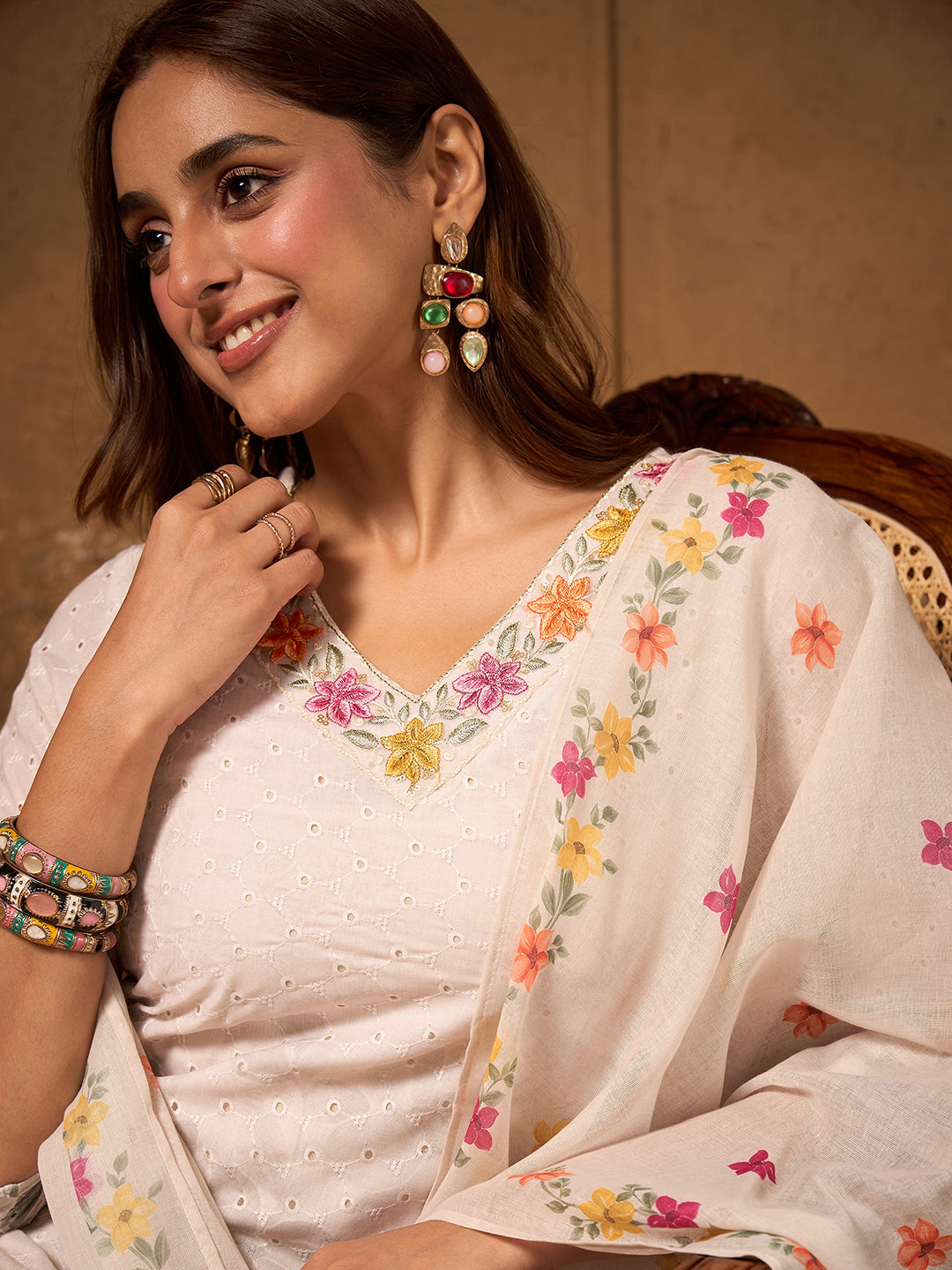 Janasya Women's Beige Pure Cotton Schiffli Floral Printed Straight Kurta Set