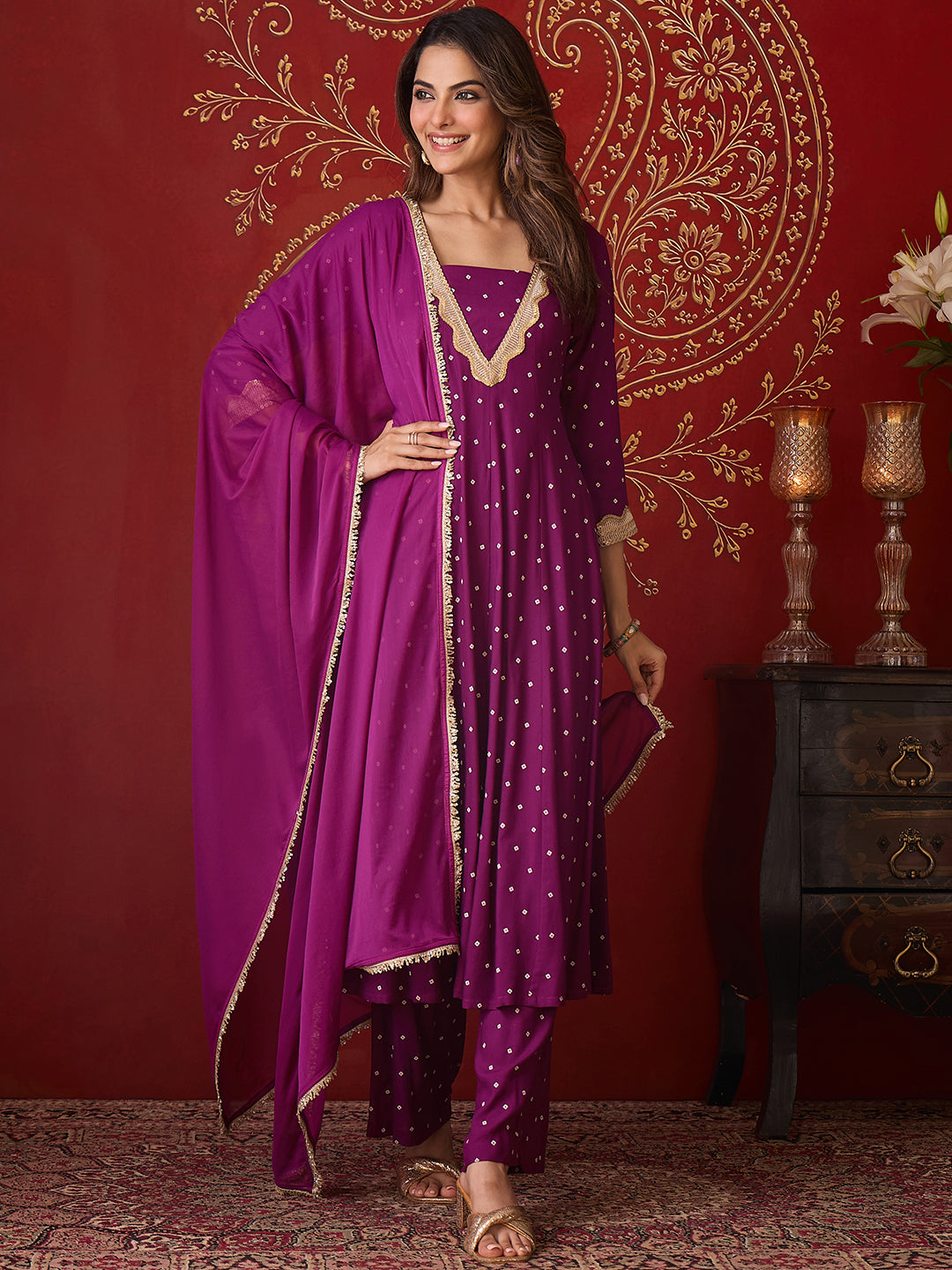 Janasya Women's Purple Rayon Embellished Foil Bandhani Printed Anarkali Kurta Set