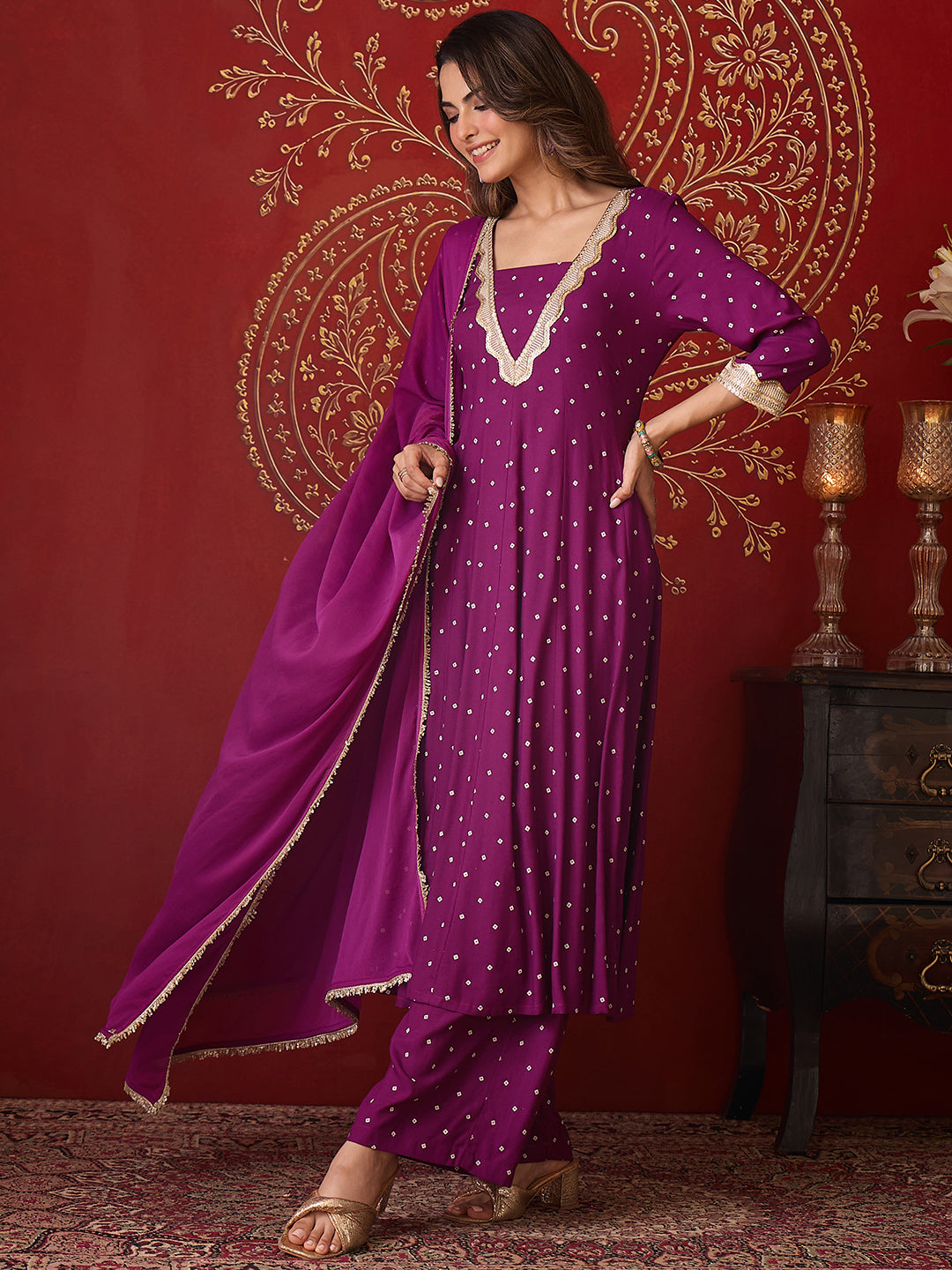 Janasya Women's Purple Rayon Embellished Foil Bandhani Printed Anarkali Kurta Set