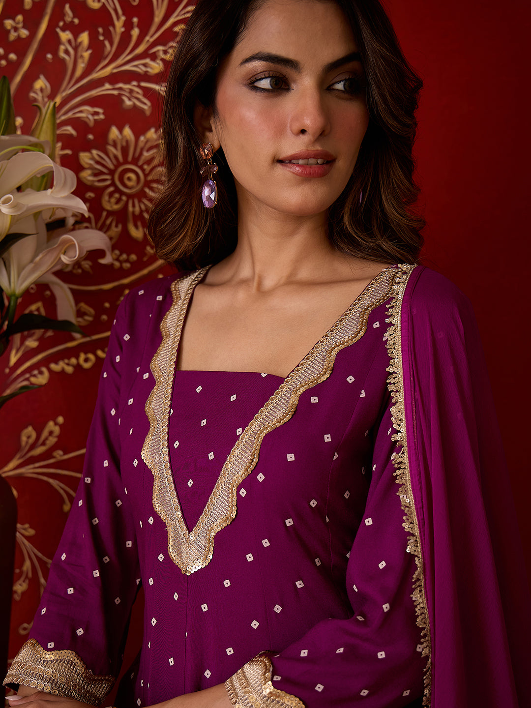 Janasya Women's Purple Rayon Embellished Foil Bandhani Printed Anarkali Kurta Set