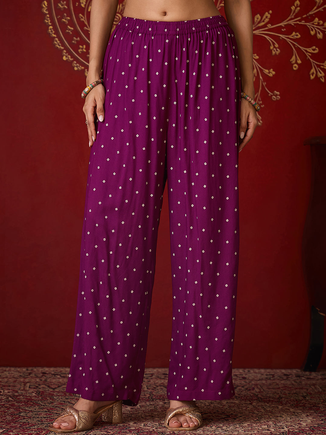 Janasya Women's Purple Rayon Embellished Foil Bandhani Printed Anarkali Kurta Set