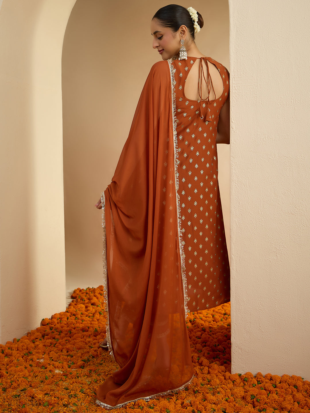 Janasya Women's Rust Brown Silk Blend Embellished Foil Printed A-Line Kurta Set
