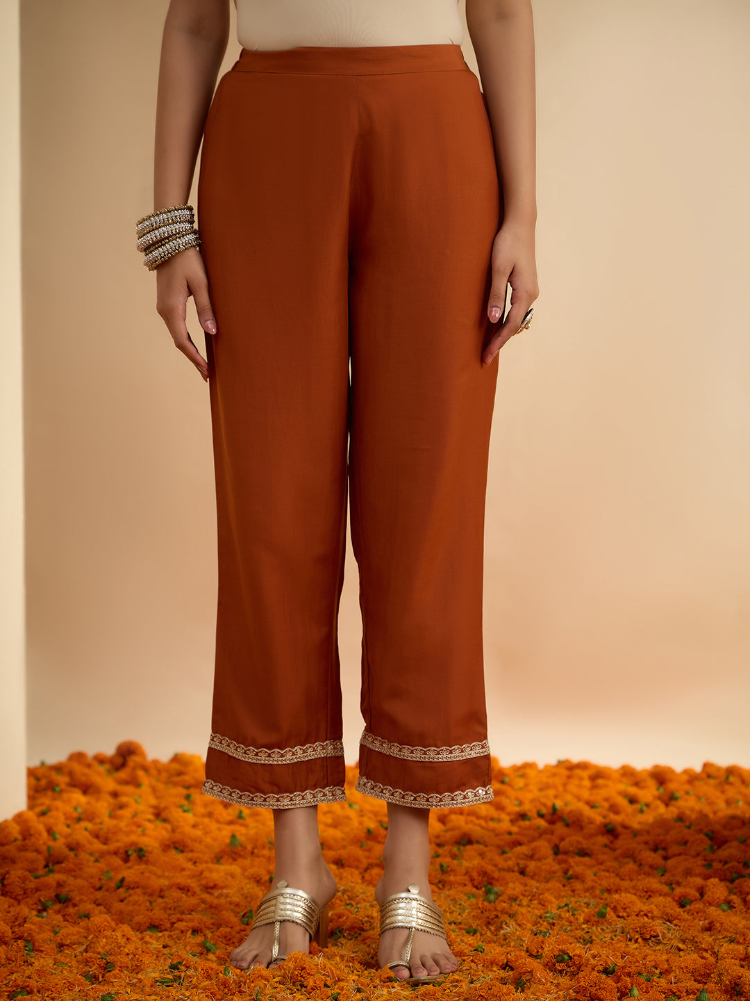 Janasya Women's Rust Brown Silk Blend Embellished Foil Printed A-Line Kurta Set