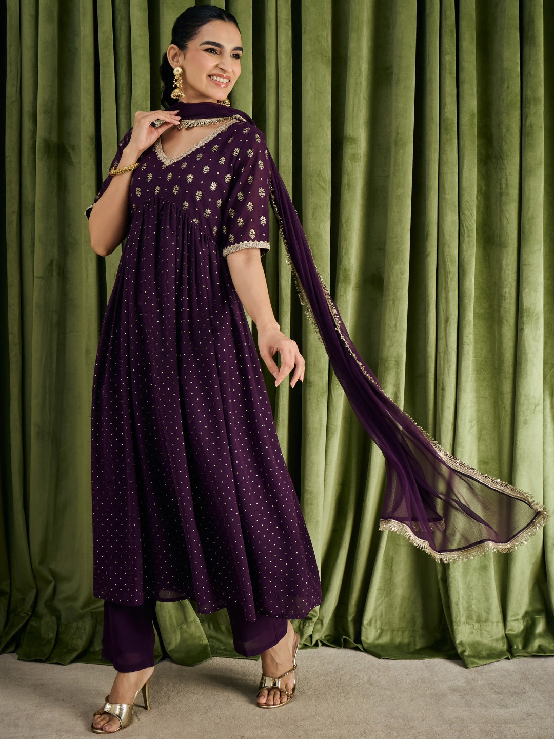 Janasya Women's Wine Georgette Embellished Foil Printed A-Line Kurta Set