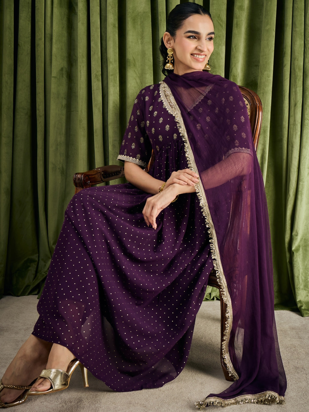 Janasya Women's Wine Georgette Embellished Foil Printed A-Line Kurta Set