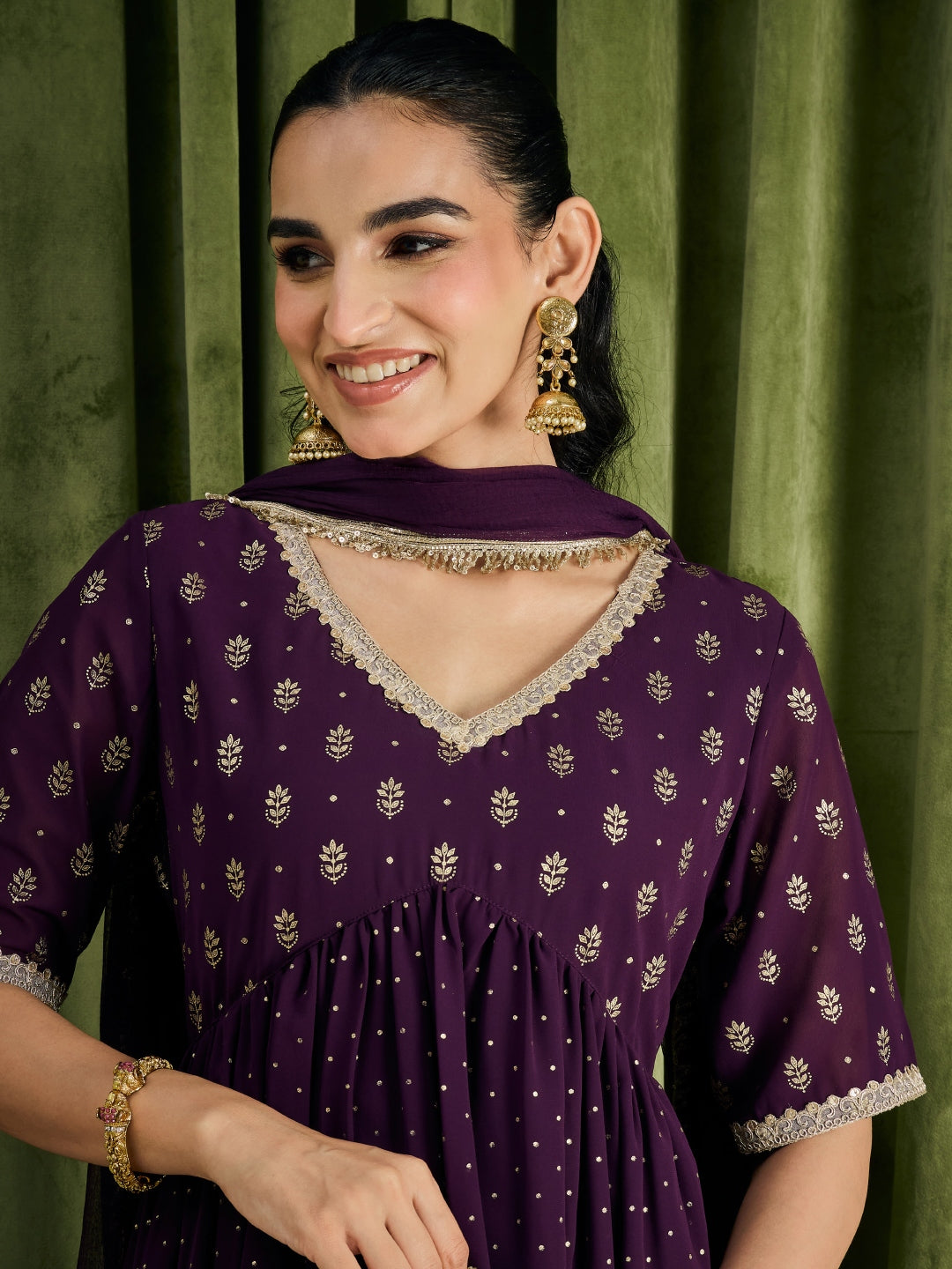Janasya Women's Wine Georgette Embellished Foil Printed A-Line Kurta Set