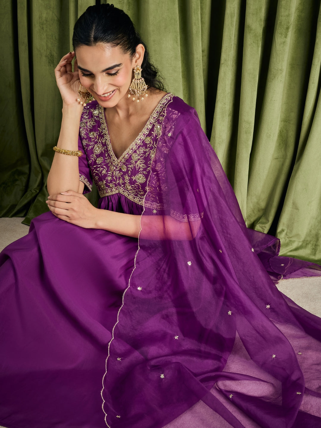 Janasya Women's Purple Chanderi Silk Floral Yoke Embroidered A-Line Kurta Set