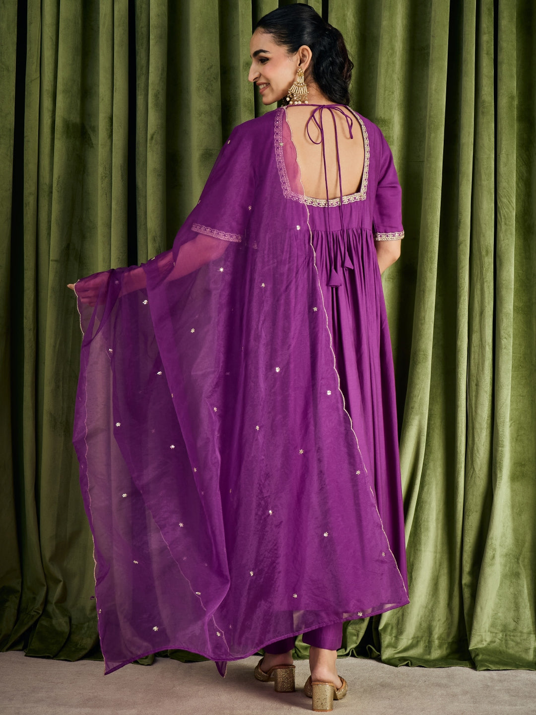 Janasya Women's Purple Chanderi Silk Floral Yoke Embroidered A-Line Kurta Set