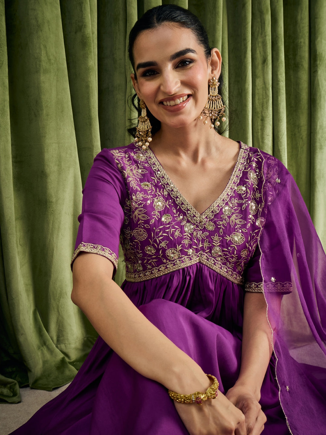 Janasya Women's Purple Chanderi Silk Floral Yoke Embroidered A-Line Kurta Set