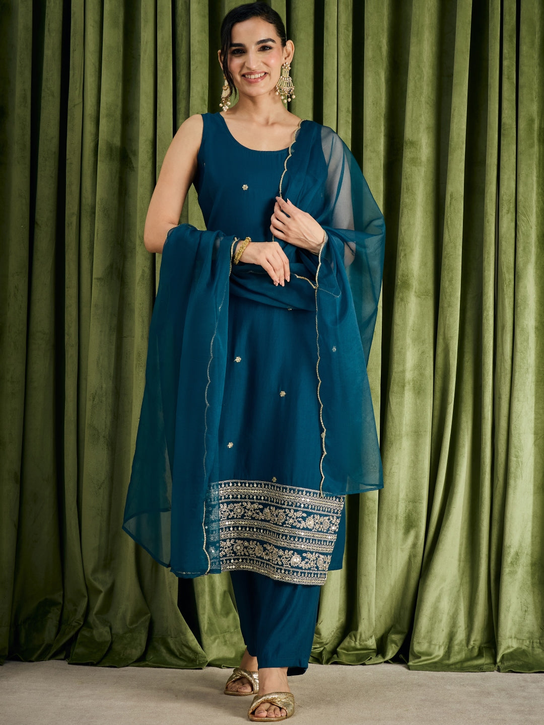 Janasya Women's Teal Blue Chanderi Silk Floral Embroidered Straight Kurta Set